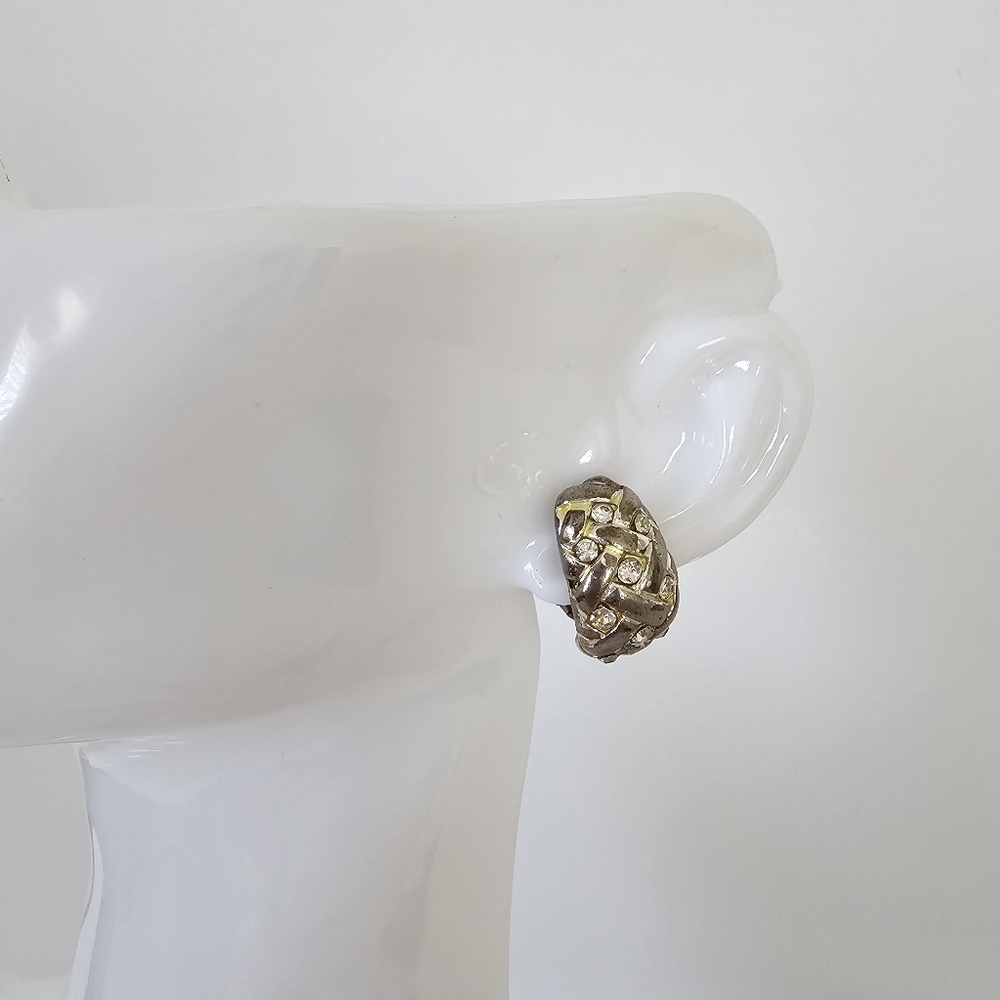 Vintage Silver-Tone Basket Weave Rhinestone Clip-On Earrings